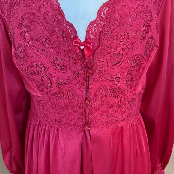 Vintage Shadowline M Satin Gown And Robe Set Deep Red Lace Trim Romantic Evening - Picture 3 of 12